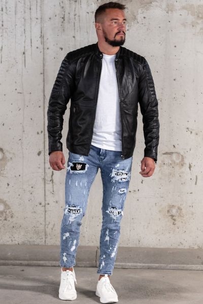 Negro de moda chaqueta de cuero de los hombres de cuero de piel de oveja genuina