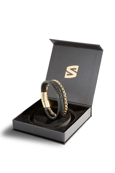 pulsera de varias piezas para hombre de cuero dorado y acero