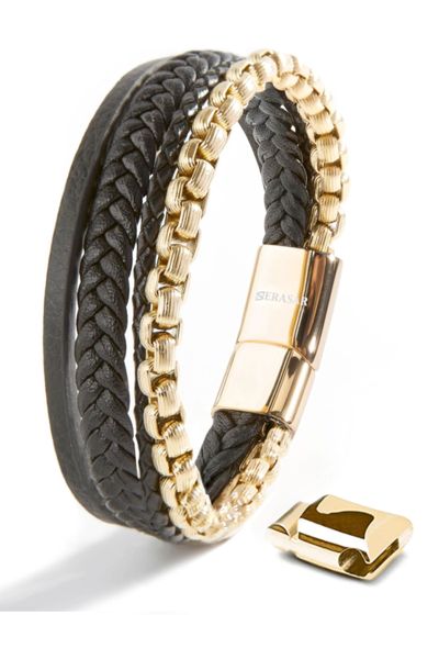 pulsera de varias piezas para hombre de cuero dorado y acero