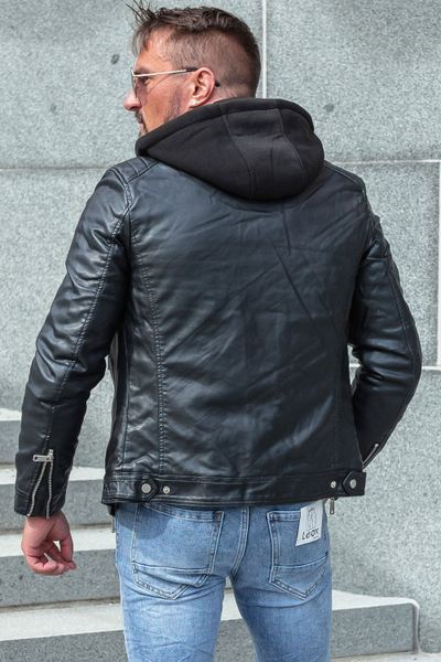 Chaqueta de cuero sintético negra con capucha para hombre JERONE