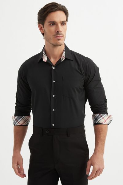 Camisa de cuello con estampado de tartán Comfort Fit negra Jerone Camisa de cuello con estampado de tartán Comfort Fit negra Jerone