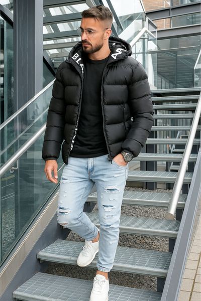 Chaqueta de invierno negra cálida con estampado de texto JERONE Chaqueta de invierno negra cálida con estampado de texto JERONE