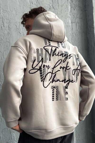 Sudadera con capucha beige bordada en la espalda JERONE Sudadera con capucha beige bordada en la espalda JERONE