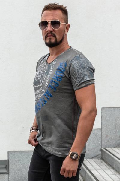 Camiseta gris con strass y estampado RUSTY NEAL