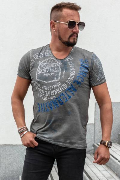 Camiseta gris con strass y estampado RUSTY NEAL
