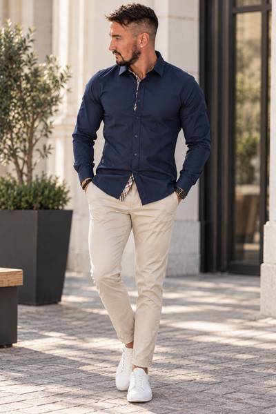 Camisa de vestir adornada con tartán a cuadros azul Jerone