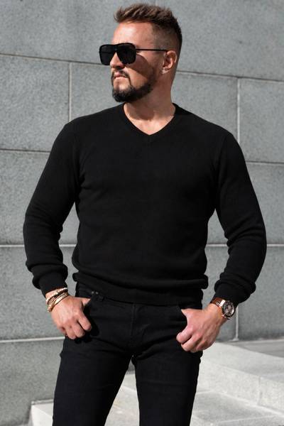 Cashmere touch suéter negro con escote en V JERONE Cashmere touch suéter negro con escote en V JERONE